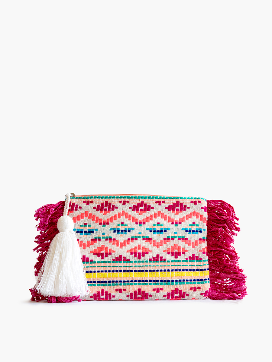 Faith Printed Cotton Pouch w/ Fringe: Hot Pink
