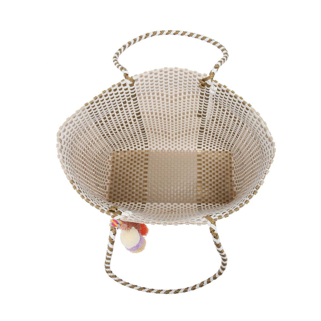 Sylvia Med Handwoven Tote w/ Pom-Poms: Plaid-Blue/White