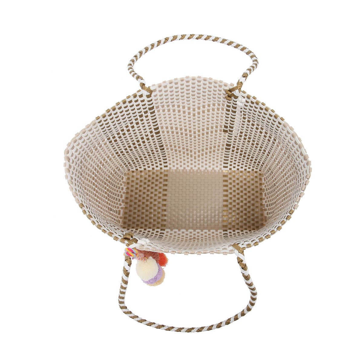 Sylvia Med Handwoven Tote w/ Pom-Poms: Plaid-Blue/White
