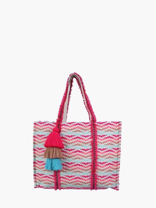 Karla Boho Cotton Tote w/ Triple Tassels: Turquoise/Pink