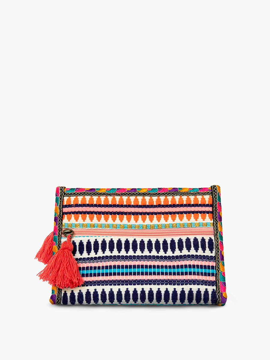 Emberlyn Patterned Triangular Cotton Pouch: Navy/Pink