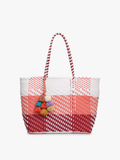 Sylvia Med Handwoven Tote w/ Pom-Poms: Plaid-Pink/White