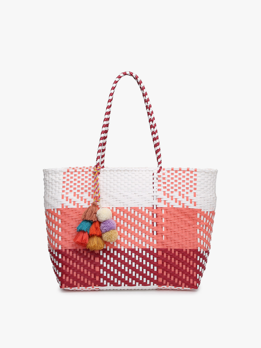 Sylvia Med Handwoven Tote w/ Pom-Poms: Plaid-Pink/White