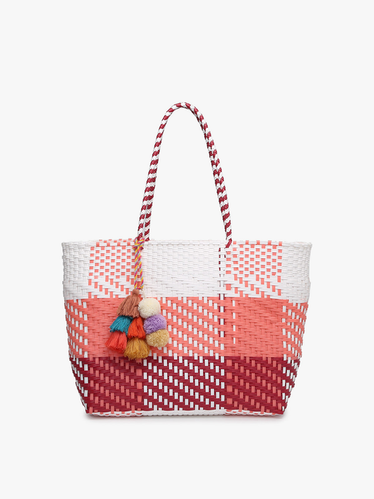 Sylvia Med Handwoven Tote w/ Pom-Poms: Plaid-Pink/White