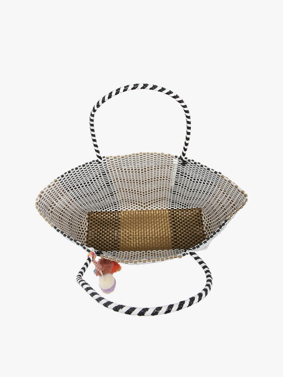 Shelby Large Handwoven Tote w/ Pom-Poms: Plaid-Pink/White