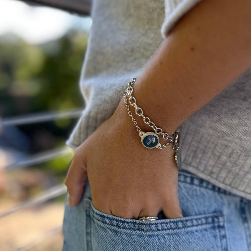 Tap To Pray® Survivor Series Bracelet: Silver-Plated + Slate Cross